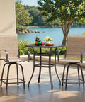 All Weather Outdoor Bar Stools Set Of 2 with round table in patio setting, ergonomic backrest with curved armrests