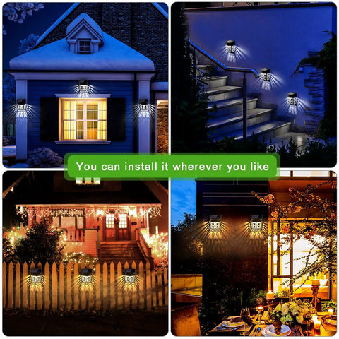 Collage showing 8 Pack Solar Garden Lights For Fence Deck Steps Garage Backyard Porch Waterproof Outdoor Wall Lights at night