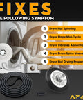 Dryer Repair Kit Replacement Drum Roller Belt And Idler Pulley Set 4581EL2002C fixes common dryer issues with open dryer in background