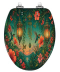 Elongated Tropical Garden Lanterns Vibrant Flowers Sunset Toilet Seat with colorful floral and hummingbird design.