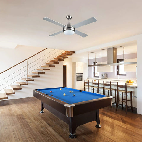 52 Inch Ceiling Fan With Brushed Nickel Body And Silver Blades installed in modern living room above pool table