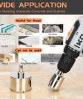 Heavy Duty Quarter Inch Diamond Hole Saw Two Piece Kit Brazed Premium Grain Design For Lightning Fast Smooth Cutting On Brick Stone Ceramic Tile Glass And Concrete Surfaces Daily with drill and materials.