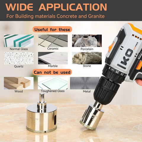 Heavy Duty Quarter Inch Diamond Hole Saw Two Piece Kit Brazed Premium Grain Design For Lightning Fast Smooth Cutting On Brick Stone Ceramic Tile Glass And Concrete Surfaces Daily with drill and materials.