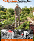 Man using 70 Inch Heavy Duty 2 In 1 Weeder And Garden Hoe With Long Handle For Lawn Yard Patio And Garden Root Uprooter And Flat Edge Scraper