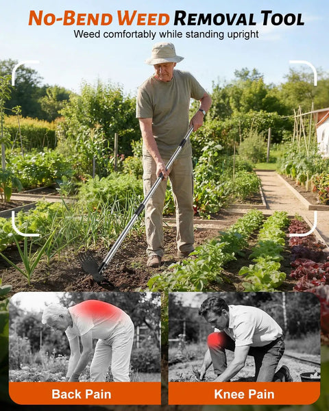 Man using 70 Inch Heavy Duty 2 In 1 Weeder And Garden Hoe With Long Handle For Lawn Yard Patio And Garden Root Uprooter And Flat Edge Scraper