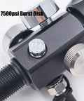 Close-up of 7500psi burst disk on Dual Gauge DIN Valve Fill Station Adapter With 20 Inch Hose 4500psi 300bar tool.