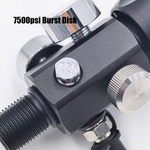Close-up of 7500psi burst disk on Dual Gauge DIN Valve Fill Station Adapter With 20 Inch Hose 4500psi 300bar tool.