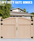 Wooden gate with 3.5 Inch Heavy Duty Gate Hinges With Extra Thick Straps For Wood Fence Barn Doors And Sheds 60 Lb Capacity 2 Pack Black