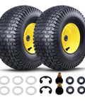 Two Pack 15x6.00-6 Tubeless Front Tire And Wheel Set For John Deere Riding Mowers With 3/4 In Bearings And 5/8 In Extras, 3 In Offset Hub, 4-Ply Heavy-Duty, Fits 100 And 300 Series. two black mower tires on yellow rims with bearings and valve stems