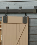 Exterior Box Rail Barn Door Hardware Kit Five Foot Black Sliding Track System with heavy-duty wall mount on wooden barn.