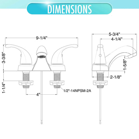 Dimensions diagram of Two Handle Bathroom Sink Faucet With WaterSense Certification In Polished Chrome Slick Curved Design