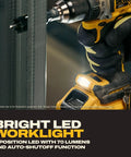 Heavy Hitter 20V Max Brushless Cordless Drill Driver with built-in bright work light illuminating a work area.