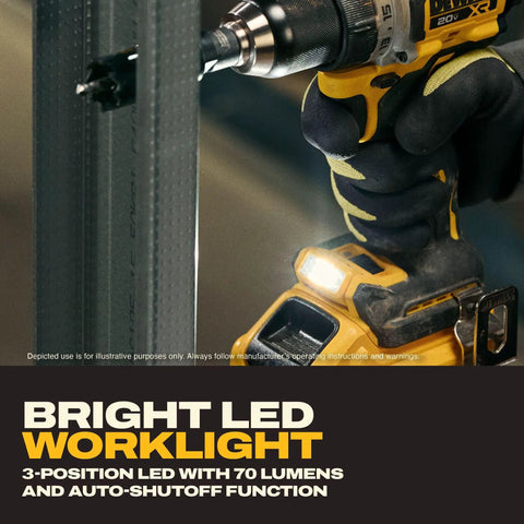 Heavy Hitter 20V Max Brushless Cordless Drill Driver with built-in bright work light illuminating a work area.