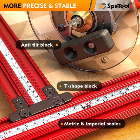 Juice Groove Router Jig For Cutting Boards With Adjustable Templates And Metric Imperial Scales, red aluminum frame close-up