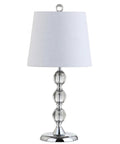 Clear Crystal 20 Inch Mini LED Table Lamp In Chrome Finish With White Linen Drum Shade, A Sleek Lit Modern Traditional Bedside Lamp