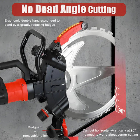 Heavy Duty Dual Blade Concrete Wall Cutter With Robust 8980W Motor And Rock Solid 3000Rpm Speed For Zero Sweat 11.8 Inch Deep Cuts. Close-up of ergonomic handles and cutting mechanism.