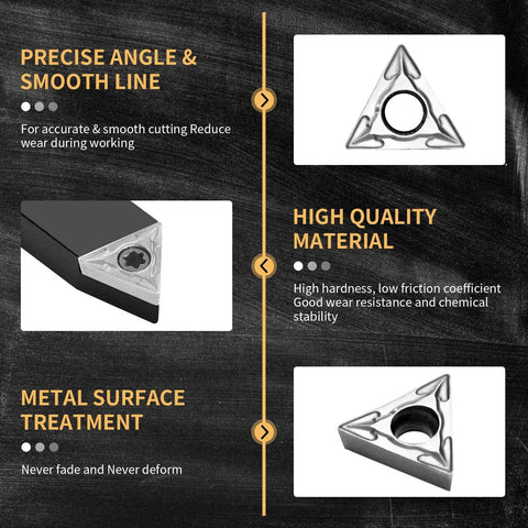 Infographic of carbide turning inserts and holder for lathe; shows triangular inserts with center holes and tool holder.