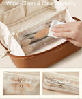 Open Go To Large Makeup Bag Travel Cosmetic Organizer In PU Leather Flat Open Toiletry Case For Women with visible makeup brushes.