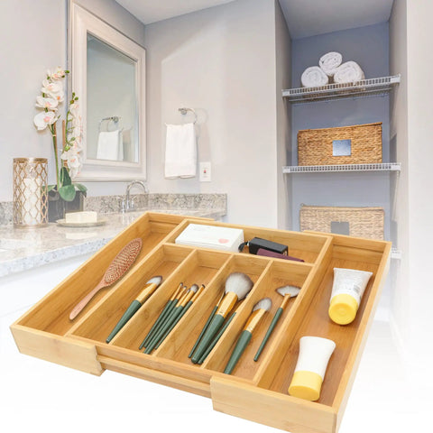 Expandable Bamboo Drawer Organizer For Kitchen Utensils Adjustable Silverware Tray With Dividers Medium Size shown in kitchen drawer