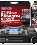 Portable Butane Camping Stove With Piezo Ignition And 7650 BTU Output displayed with carrying case and fuel canister
