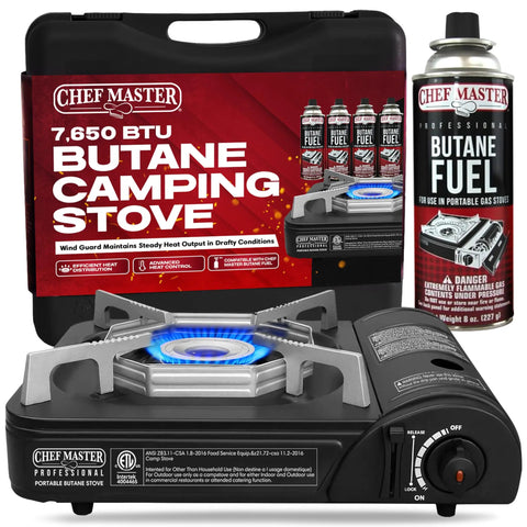 Portable Butane Camping Stove With Piezo Ignition And 7650 BTU Output displayed with carrying case and fuel canister