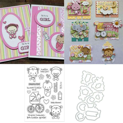 Silicone Stamp And Die Set For Card Making And Scrapbooking with clear stamp seal and carbon steel dies in use on baby-themed cards