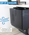 Heavy Duty Under Desk Computer Tower Holder With Slick Swivel Design And Generous Adjustable Fit To Keep Your Badass Gaming Rig Dust Free And Your Workspace Looking Sharp, showing elevated position for airflow.