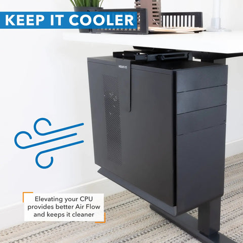 Heavy Duty Under Desk Computer Tower Holder With Slick Swivel Design And Generous Adjustable Fit To Keep Your Badass Gaming Rig Dust Free And Your Workspace Looking Sharp, showing elevated position for airflow.