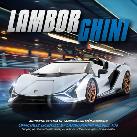 Officially Licensed Lamborghini Remote Control Car One Six Scale Lambo Toy Car With LED Lights 2.4GHz RC Car For Adults And Kids Fast 12 Kilometers Per Hour Gift Idea in light blue with LED lights, showcasing front side view on a track.