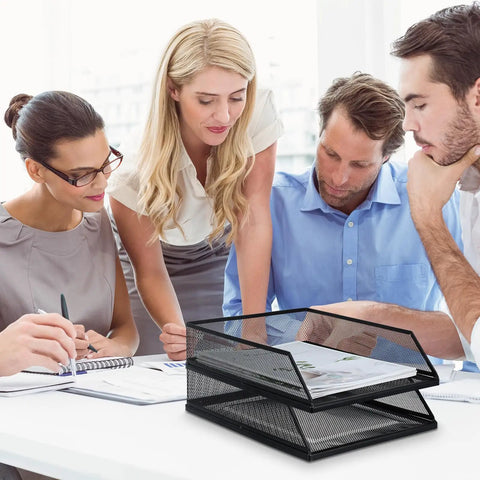 Twofer Pack Black Metal Letter Trays Set For Desk Organization on office desk during a team meeting, stackable wire mesh design