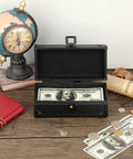 Lockable Cash Box With Key Aluminum Alloy Money Organizer For Home Office Storage, open on desk with currency inside.