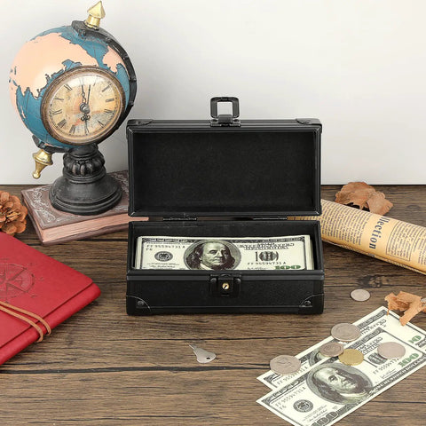 Lockable Cash Box With Key Aluminum Alloy Money Organizer For Home Office Storage, open on desk with currency inside.