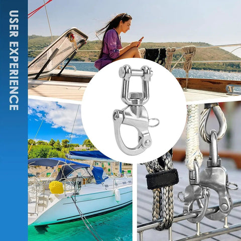 Top Shelf 316 Stainless Steel Snap Shackles With Swivel Rotating Eye And No Hassle Quick Release Design For Heavy Duty Sailboat Rigging Yacht Halyards And Rugged Industrial Deck Hardware 128 Mm in marine setting.