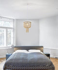 Bedroom with 16 Inch Modern Drum Pendant Light with Fabric Shade Rustic Hanging Drum Chandelier Boho Style Plug In Fixture Handmade Wood Bead Accents