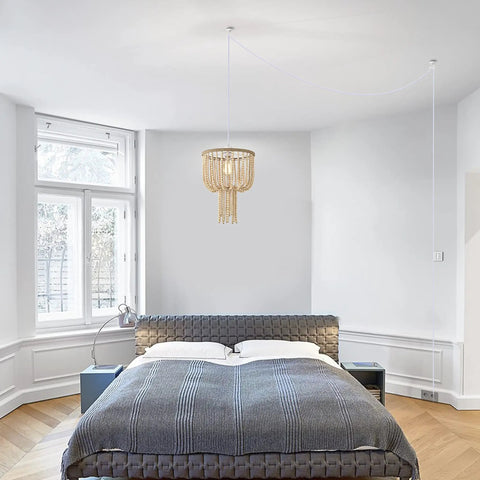 Bedroom with 16 Inch Modern Drum Pendant Light with Fabric Shade Rustic Hanging Drum Chandelier Boho Style Plug In Fixture Handmade Wood Bead Accents
