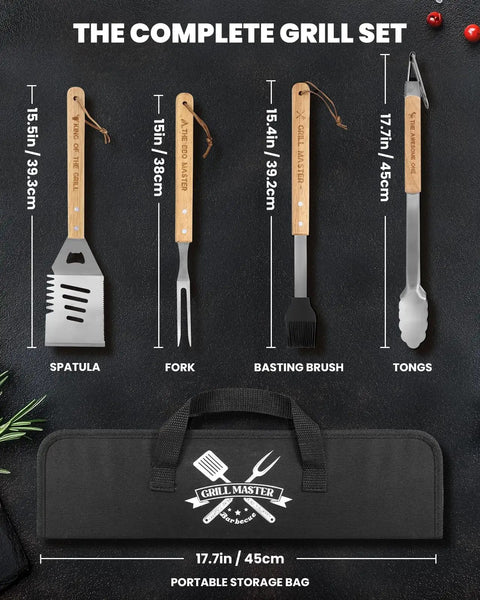 Stainless Steel 4 Piece BBQ Tools Set With Tongs Fork Spatula Brush And Carrying Bag For Grillin Durable Backyard Grillin Gear.