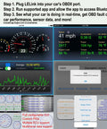 Bluetooth BLE OBD II Car Diagnostic Tool With Configurable Auto On Off displayed with multiple real-time car data screens.
