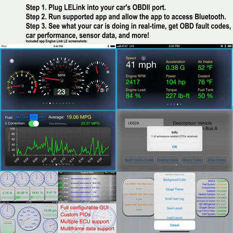Bluetooth BLE OBD II Car Diagnostic Tool With Configurable Auto On Off displayed with multiple real-time car data screens.