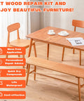 Top Shelf Wood Filler Repair Kit With Durable Putty To Easily Patch Up Deep Scratches Cracks And Dents On Beat Up Furniture Sweet Finish Pro Fix Set on a dining table with chairs.