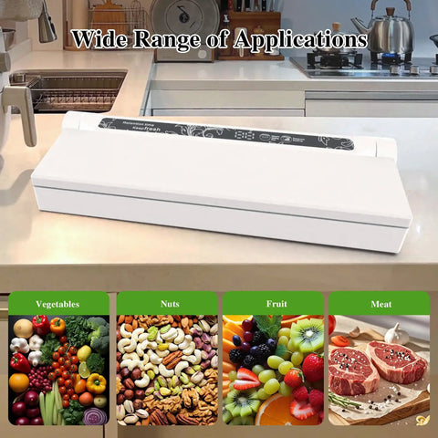 One Touch Fully Automatic Vacuum Sealer For Food Dual Use Dry And Wet with assorted food items in a kitchen setting