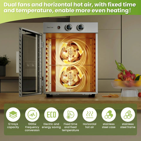 Top Shelf Food Dehydrator Machine With Twelve Stainless Steel Trays And Digital Timer for even drying with dual fans and horizontal heating.