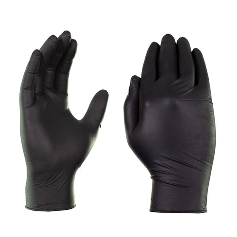 Front view: black nitrile disposable gloves, XL size; pair.