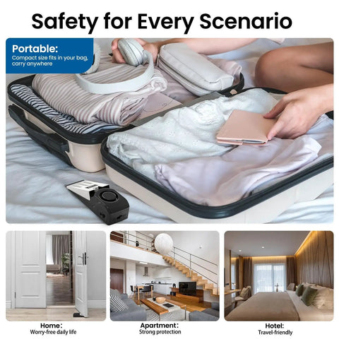 Person packing suitcase with 2 Pack Door Stop Alarm for Home and Travel Safety, 120dB Loud Siren, Portable Anti Slip Door Stop Wedge