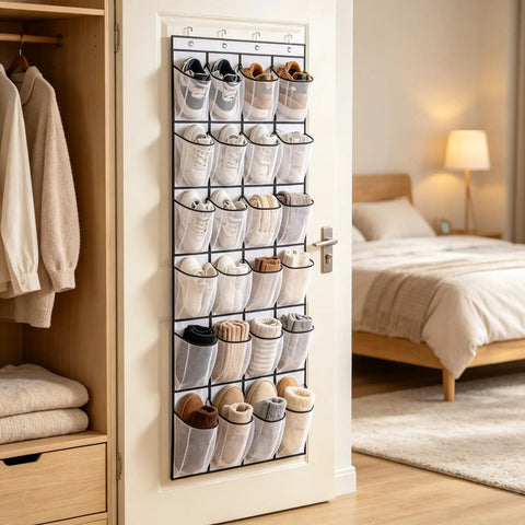 Over The Door Shoe Rack With 28 Spacious Pockets For Max Storage Capacity Breathable Mesh Hanging Shoe Organizer mounted on a door.