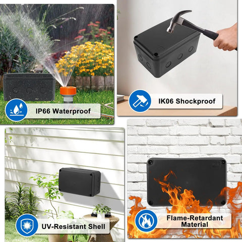 Black IP66 Weatherproof Outdoor Electrical Box Junction Enclosure Built Tough For Outdoors All Weather Ready ABS Plastic External Project Box 7 1/8 by 4 1/2 by 4 Inches 100 Pack shown in garden use