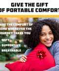 Woman holding Memory Foam Travel Pillow For Planes And Cars Ultra Compact Easy Carry Micro Suede Neck Support For Adults Perfect For Camping