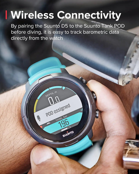 Ultimate Dive Computer With Color Screen And Interchangeable Straps, 100M Water Resistant, Wireless Tank Pressure shown in use.