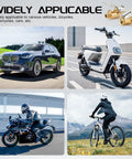 Collage showing car, motorcycle, scooter, and bicycle with Locking Brass Tire Air Chuck With Quick Connect Adapter For Schrader Valves, 1/4 Inch NPT, 250 PSI Pro Grade Tire Inflation Nozzle For Air Compressors, Easy Clamp Hose Fittings, Car Accessories