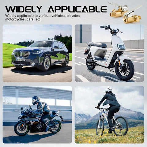 Collage showing car, motorcycle, scooter, and bicycle with Locking Brass Tire Air Chuck With Quick Connect Adapter For Schrader Valves, 1/4 Inch NPT, 250 PSI Pro Grade Tire Inflation Nozzle For Air Compressors, Easy Clamp Hose Fittings, Car Accessories