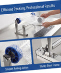 Manual Film Roll Holder For Cargo Wrapping, Lightweight Metal Plastic Unwinding Frame, Hand Operated Dispenser For Warehouse Storage, Stable, Easy Reel Changes, Keeps Wrapping Tight And Cargo Secure Through Heavy Packing, steel frame on table